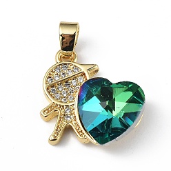 Sea Green Real 18K Gold Plated Rack Plating Brass Micro Pave Clear Cubic Zirconia Pendants, with Glass, Long-Lasting Plated, Cadmium Free & Lead Free, Boy with Heart Charm, Sea Green, 19.5x18x7.5mm, Hole: 5.5x3.5mm