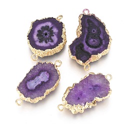 Темно-синий  Шифер Гальванические соединители с естественным солнечным агатом, с латунной фурнитурой , окрашенные, золотые, самородки, темный сланец синий, 30~50x15~30x5~7 мм, отверстие : 2~3 мм