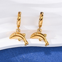 Dolphin Серьги из 304 нержавеющей стали, реальный 18 k позолоченный, дельфин, 28.5x13.5 мм
