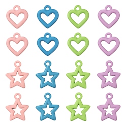 Mixed Color 32Pcs 8 Style Spray Painted Alloy Pendants, Heart & Star, Mixed Color, 13~16x12~13.5x2mm, Hole: 1.5~1.6mm, 4pcs/style