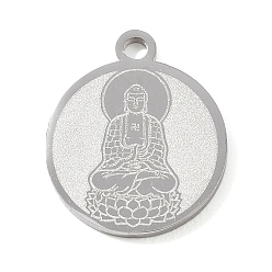 Stainless Steel Color Buddhist 304 Stainless Steel Pendants, Flat Round with Buddha Charms, Hand Polished, Stainless Steel Color, 17x15x1.4mm, Hole: 1.8mm