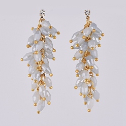 Gray Electroplate Glass Cluster Beads Dangle Stud Earrings, with Brass Cubic Zirconia Stud Earring Findings and Ear Nuts, Earring Backs, Real 18K Gold Plated, Gray, 55mm, Pin: 0.7mm