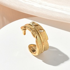 Золотой 304 открытые кольца-манжеты из нержавеющей стали для женщин, перо, золотые, 10 мм, внутренний диаметр: 18.6 мм