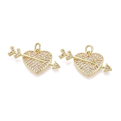 Настоящее золото 16K Подвески из латуни с микро-паве ко Дню святого Валентина, прозрачные циркониевые подвески, сердце со стрелами, реальный 16 k позолоченный, 14x28x3.5 мм, отверстие : 3 мм, Перейти кольцо: 5x0.8 мм, 3 мм внутренним диаметром