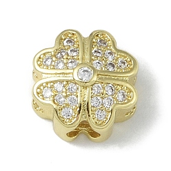 Настоящее золото 18K Покрытие стойки латунь микропаве прозрачные кубические циркониевые бусины, долговечный, без свинца и без кадмия, клевер, реальный 18 k позолоченный, 10x10x6 мм, отверстие : 2.5 мм