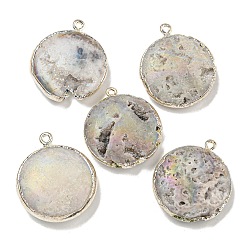 Гейнсборо Гальванические натуральный druzy агата подвески, латунные плоские круглые подвески, серебро , светло-серые, 29~30x24~26x7.5~9 мм, отверстие : 1.8 мм