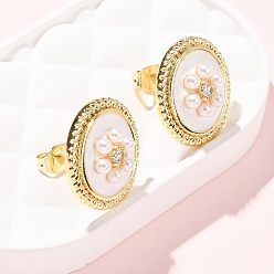 White Brass Micro Pave Clear Cubic Zirconia Stud Earrings, Oval, ABS Imitation Pearl & Enamel Stud Earrings, Golden, White, 18x16mm