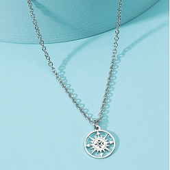 Плоский Круглый 201 ожерелье из нержавеющей стали для мужчин, цвет нержавеющей стали, компас, 23.62 дюйм (60 см)