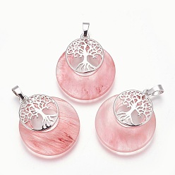 Стеклянный Камень Арбуза Арбуз камень стеклянные подвески, с латунной фурнитурой платинового цвета, плоские круглые с дерева жизни, 32.5~33x27.5~28x5~6 мм, отверстие : 5x7 мм