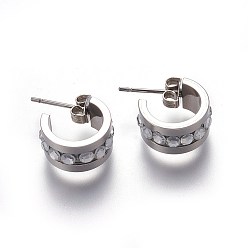 Edelstahl Farbe 304 Edelstahl Ohrstecker, halbe Creolen, mit Strass und Ohrmuttern, Edelstahl Farbe, 14 mm, Stift: 0.8 mm