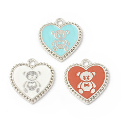 Mixed Color Alloy Enamel Pendants, Heart with Bear Pattern Charm, Platinum, Mixed Color, 21x19x1.7mm, Hole: 2mm