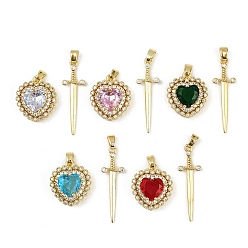 (52) Непрозрачная лаванда Латунные микропаве прозрачные кубические цирконии подвески наборы, сердце и меч, со стеклом, без свинца и без кадмия, долговечный, стойки покрытие, реальный 18 k позолоченный, разноцветные, Сердце: 18.5x16.5x8.5 mm, отверстие : 4.5x3 мм