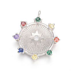 Platinum Brass Micro Pave Cubic Zirconia Pendants, Flat Round with Star, Colorful, Platinum, 24x20.5x2.5mm, Hole: 1.5mm
