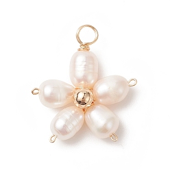 Golden Natural Cultured Freshwater Pearl Pendants, with Copper Wire Wrapped, Flower Charms, Golden, 22.5x20x6mm, Hole: 3.2mm