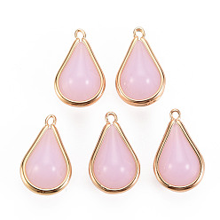Pearl Pink Imitation Jade Glass Pendants, with Brass Findings, Teardrop, Light Gold, Pearl Pink, 19x12x8mm, Hole: 1mm