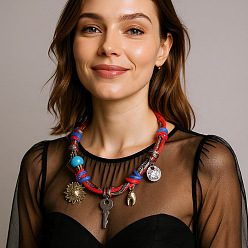 Разноцветный Ожерелья из плетеного полиэфирного шнура в стиле бохо с подвеской в виде цветка-ключика из сплава смолы для женщин, платина и розовое золото, красочный, 15.75 дюйм (40 см)