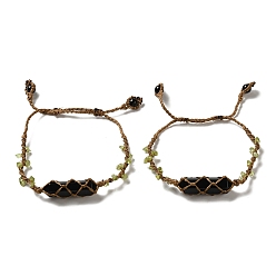 Obsidian Natural Obsidian Bullet Bullet Braided Bead Bracelets, Nylon Macrame Pouch Adjustable Bracelets with Peridot Chips for Women Men, Inner Diameter: 2~3-3/8 inch(5.1~8.55cm), Bullet: 35x11mm