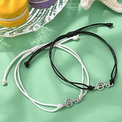 Mixed Color 2Pcs 2 Colors Korean Waxed Polyester Cord Adjustable Bracelets, Alloy Music Note Link Bracelets for Women Men, Mixed Color, Inner Diameter: 3-3/8 inch(8.5cm)