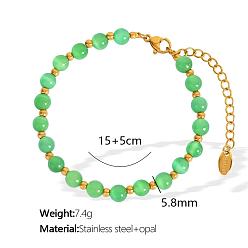 Зеленый Элегантные европейские браслеты из круглого кошачьего глаза 5.8мм с цепочками на концах из нержавеющей стали для женщин, золотые, зелёные, 5-7/8 дюйм (15 см)