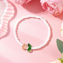 (932FM) Темно-синий аква-матовый с подкладкой Стеклянные бусины эластичные браслеты для женщин, тюльпан, со стеклянным цветком, темно-золотистые, внутренний диаметр: 2-1/8 дюйм (5.3 см)