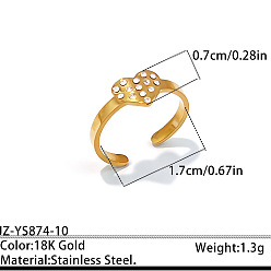 Heart Ocean 304 Stainless Steel Rhinestone Cuff Open Rings, Golden, Heart, 17mm