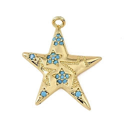 Chapado en Oro Real 18K Colgantes de latón con microengaste de circonitas cúbicas azul cielo intenso., encantos estrella, chapado en rack, larga duración plateado, sin plomo y cadmio, real 18 k chapado en oro, 25x19x2 mm, agujero: 1.2 mm