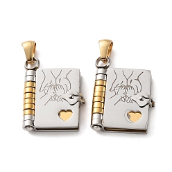 Golden & Stainless Steel Color 304 Stainless Steel Pendants, Book with Hand Charms, Polished, Ion Plating(IP), Golden & Stainless Steel Color, 25x18x4.5mm, Hole: 5.5x2.5mm