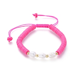Hot Pink Adjustable Nylon Thread Braided Bead Bracelets, with Natural Cultured Freshwater Pearls and Handmade Polymer Clay Beads, Brass Beads, Golden, Hot Pink, 5.6~9.3cm