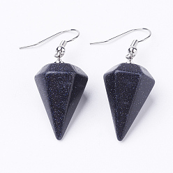 Синий Драгоценный Камень Синтетический синий голдстоуновские болтаться серьги, алмаз / конус, платина, 43~47 мм, 15~16x26~28 мм, Pin: 0.7 мм