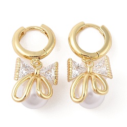 Настоящее золото 18K Серьги из латуни с микро-паве и прозрачным фианитом для женщин, с пластиковой жемчужины, без кадмия и без свинца, долговечный, бантом, реальный 18 k позолоченный, 29x14 мм