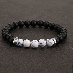 Blanco 8 mm de howlita natural y cuentas redondas negras esmeriladas elásticas para hombre, el color plateado de plata, blanco, 7.09 pulgada (18 cm)