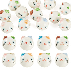 Mixed Color Printed Handmade Porcelain Ceramic Beads, Cat Shape, Mixed Color, 15x15x15.5mm, Hole: 3mm, about 12pcs.