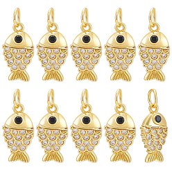 Golden 10Pcs Brass Micro Pave Clear Cubic Zirconia Pendants, Fish Charms, Long-Lasting Plated, Lead and Cadmium Free, Golden, 16x8x2.5mm, Hole: 3.2mm