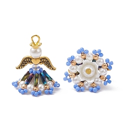 Васильковый Стеклянные подвески, ангел, с акриловыми и пластиковыми бусинами, имитирующими жемчуг, железной петлей и сплавом, васильковый, 27.5x21.5 мм, отверстие : 3 мм