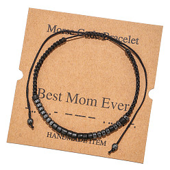 Черный Браслеты ко Дню матери из синтетических немагнитных гематитовых и деревянных бусин с азбукой Морзе., Регулируемые браслеты из плетеного хлопкового шнура для женщин и мужчин, рондель, с бумажной карточкой, чёрные, 6.30~10.24 дюйм (16~26 см)