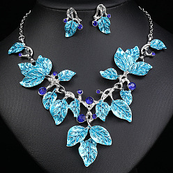Темно-Голубой Ожерелья с подвесками и серьги-гвоздики из сплава листьев с эмалью, платина, глубокое синее небо, 410 мм