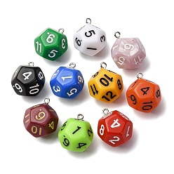 (52) Непрозрачная лаванда 12 подвески из непрозрачной смолы с гранями, с железным кольцом, игральная кость, разноцветные, 24.5x21x26 мм, отверстие : 1.8 мм