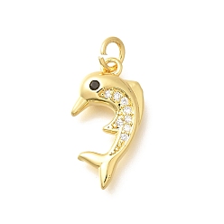 Настоящее золото 18K Латунные микропаве прозрачные подвески с фианитом, прелести дельфинов, стойки покрытие, долговечный, без свинца и без кадмия, реальный 18 k позолоченный, 19.5x10.5x3 мм, отверстие : 3 мм