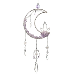 Amethyst Moon Natural Amethyst & 304 Stainless Steel & Brass Suncatchers, Glass Tassel Decorative Hanging Crystal Prism for Window & Garden, 345x97mm