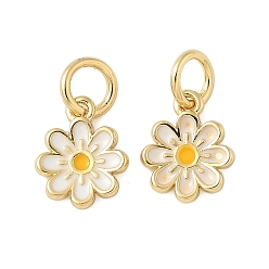 Белый Латунь эмаль прелести, цветочный шарм, с целью перехода в кольце, без свинца и без кадмия, долговечный, стойки покрытие, реальный 18 k позолоченный, белые, 9.5x8x1.5 мм, отверстие : 3.4 мм