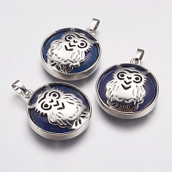 Lapis Lazuli Natural Lapis Lazuli Pendants, with Platinum Tone Brass Findings, Flat Round with Owl, 31.5x27x6mm, Hole: 5x8mm