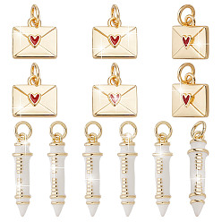 Настоящее золото 18K 12шт 2 стили латунные эмалевые подвески, конверт и ручка, реальный 18 k позолоченный, 10.5~22x7~11x2~7 мм, отверстие : 3 мм, 6 шт / стиль