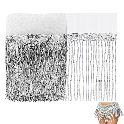 Argent Bordure en dentelle à franges en polyester, avec des pompons à paillettes en plastique, pour les accessoires vestimentaires, argenterie, 9-7/8 pouces (250 mm)