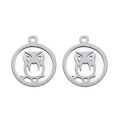 Stainless Steel Color Non-Tarnish 201 Stainless Steel Pendants, Laser Cut, Ring with Owl, Stainless Steel Color, 16.5x14x1mm, Hole: 1.2mm