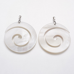 White Shell Natural White Shell Mother of Pearl Shell Big Pendants, with Platinum Tone Brass Findings, Vortex, 49x50x4mm, Hole: 4x4.5mm