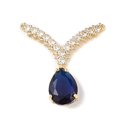 Midnight Blue Rack Plating Brass Micro Pave Cubic Zirconia 2-Loop Pendants, Teardrop & V-shape Charm, with Glass, Cadmium Free & Lead Free, Long-Lasting Plated, Real 18K Gold Plated, Midnight Blue, 36x36x7mm, Hole: 1mm