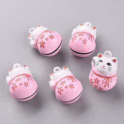 Pink Baking Painted Brass Bell Pendants, Maneki Neko/Beckoning Cat, Pink, 26.5x17x16mm, Hole: 2mm