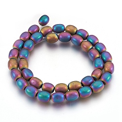 Rainbow Plated Electroplate Non-magnetic Synthetic Hematite Bead Strands, Frosted, Barrel, Multi-color Plated, 10~10.5x7~8mm, Hole: 1mm, about 39~40pcs/strand, 15.7 inch(40cm)