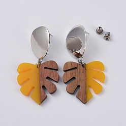 Yellow Ear Studs, with 304 Stainless Steel Findings, Brass Findings and Resin & Wood Pendants, Tropical Leaf Charms, Monstera Leaf, Yellow, 54~56mm, Pin: 0.7mm