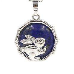 Ляпис-Лазурь Природный лазурит подвески, плоская круглая форма из латуни платинового цвета с подвесками в виде кролика, 25x10 мм